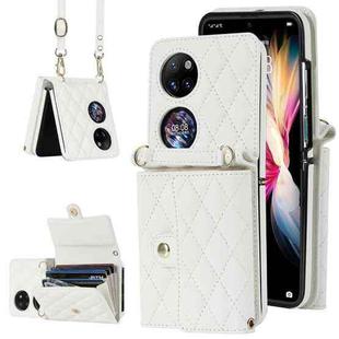 For Huawei P50 Pocket Rhombic Texture Card Bag PU Phone Case with Long Lanyard(White)