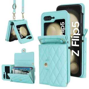 For Samsung Galaxy Z Flip5 Rhombic Texture Card Bag PU Phone Case with Long Lanyard(Mint Green)