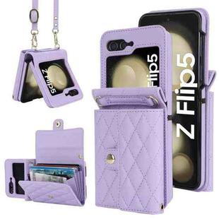 For Samsung Galaxy Z Flip5 Rhombic Texture Card Bag PU Phone Case with Long Lanyard(Purple)