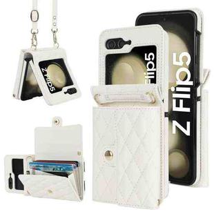 For Samsung Galaxy Z Flip5 Rhombic Texture Card Bag PU Phone Case with Long Lanyard(White)