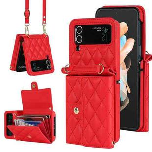 For Samsung Galaxy Z Flip4 Rhombic Texture Card Bag PU Phone Case with Long Lanyard(Red)