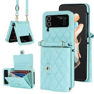 For Samsung Galaxy Z Flip4 Rhombic Texture Card Bag PU Phone Case with Long Lanyard(Mint Green)