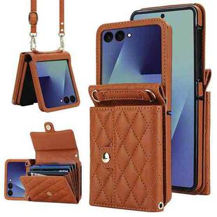 For Samsung Galaxy Z Flip7 5G Rhombic Texture Card Bag PU Phone Case with Long Lanyard(Brown)