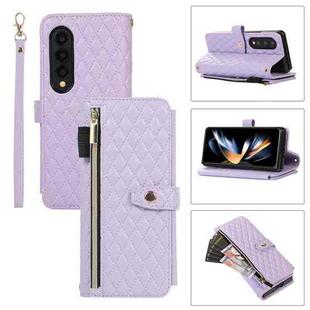 For Samsung Galaxy Z Fold4 Crossbody Diamond Lattice Folding Leather Phone Case(Purple)