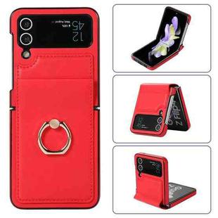 For Samsung Galaxy Z Flip4 Full Coverage Fold Solid Color PU Phone Case with Ring(Red)