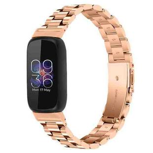 For Fitbit Inspire 3 Three Bead Flat Buckle Stainless Steel Watch Band(Rose Gold)