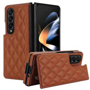 For Samsung Galaxy Z Fold4 Rhombic Texture Full Coverage Fold Double Buckle PU Phone Case(Brown)