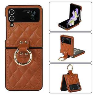 For Samsung Galaxy Z Flip4 Rhombic Microfiber Folding Phone Case with Ring(Brown)