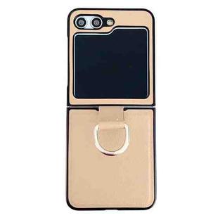 For Samsung Galaxy Z Flip5 Solid Color Litchi Leather Texture Protective Phone Case with Ring(Beige)