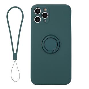 For iPhone 11 Solid Color Liquid Silicone Shockproof Full Coverage Protective Case with Ring Holder & Lanyard(Deep Green)