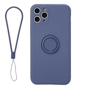 For iPhone 11 Solid Color Liquid Silicone Shockproof Full Coverage Protective Case with Ring Holder & Lanyard(Grey)