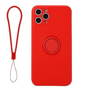 For iPhone 11 Solid Color Liquid Silicone Shockproof Full Coverage Protective Case with Ring Holder & Lanyard(Bright Red)