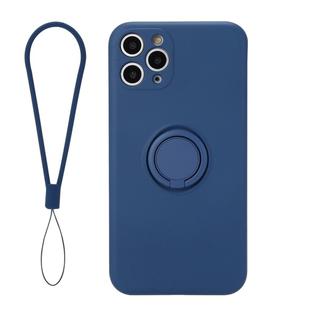 For iPhone 11 Solid Color Liquid Silicone Shockproof Full Coverage Protective Case with Ring Holder & Lanyard(Dark Blue)
