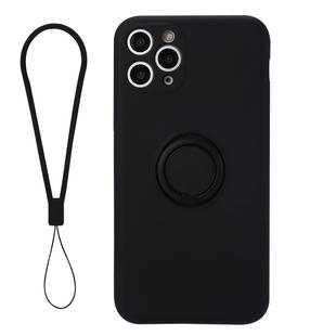 For iPhone 11 Pro Solid Color Liquid Silicone Shockproof Full Coverage Protective Case with Ring Holder & Lanyard(Black)