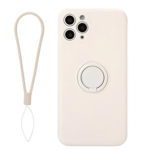 For iPhone 11 Pro Solid Color Liquid Silicone Shockproof Full Coverage Protective Case with Ring Holder & Lanyard(Beige)
