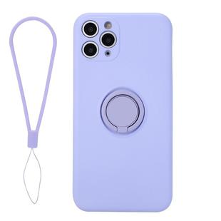 For iPhone 11 Pro Max Solid Color Liquid Silicone Shockproof Full Coverage Protective Case with Ring Holder & Lanyard(Light Purple)