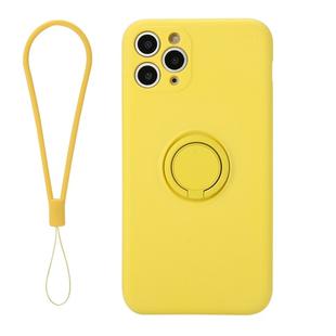 For iPhone 11 Pro Max Solid Color Liquid Silicone Shockproof Full Coverage Protective Case with Ring Holder & Lanyard(Yellow)