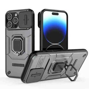 For iPhone 14 Pro Max Sliding Camshield TPU + PC Shockproof Phone Case with Holder(Grey)
