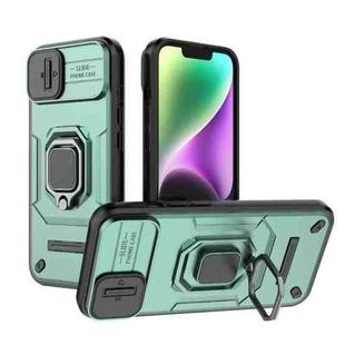 For iPhone 14 Sliding Camshield TPU + PC Shockproof Phone Case with Holder(Green)