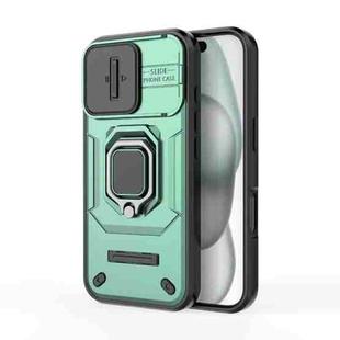 For iPhone 16 Sliding Camshield TPU + PC Shockproof Phone Case with Holder(Green)