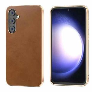 For Samsung Galaxy S23 FE 5G Nano Electroplating Dual Color Cowhide Texture Protective Phone Case(Brown)
