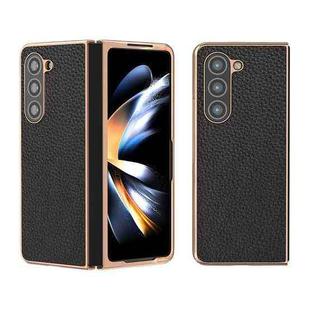 For Samsung Galaxy Z Fold5 Nano Electroplating Genuine Leather Litchi Texture Phone Case(Black)