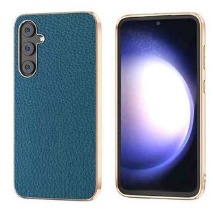 For Samsung Galaxy S23 FE 5G Nano Electroplating Genuine Leather Litchi Texture Phone Case(Blue)