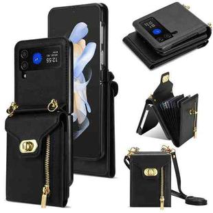 For Samsung Galaxy Z Flip4 Zipper Card Slots Folding Phone Case with Long Lanyard(Black)