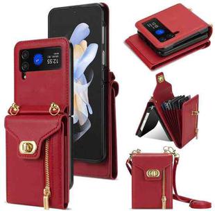 For Samsung Galaxy Z Flip4 Zipper Card Slots Folding Phone Case with Long Lanyard(Red)