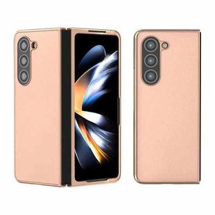 For Samsung Galaxy Z Fold5 Nano Electroplating Genuine Leather + PC Litchi Texture Phone Case(Pink Gold)