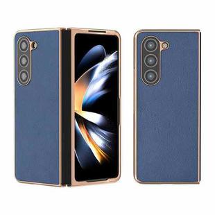 For Samsung Galaxy Z Fold5 Nano Electroplating Genuine Leather + PC Litchi Texture Phone Case(Blue)