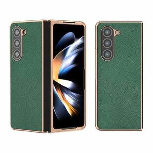 For Samsung Galaxy Z Fold5 Nano Electroplating Cross Texture Genuine Leather Phone Case(Green)