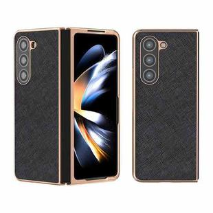 For Samsung Galaxy Z Fold5 Nano Electroplating Cross Texture Genuine Leather Phone Case(Black)