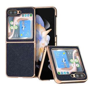 For Samsung Galaxy Z Flip5 Nano Electroplating Cross Texture Genuine Leather Phone Case(Blue)