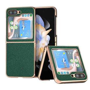 For Samsung Galaxy Z Flip5 Nano Electroplating Cross Texture Genuine Leather Phone Case(Green)