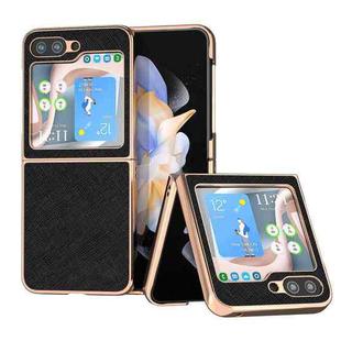 For Samsung Galaxy Z Flip5 Nano Electroplating Cross Texture Genuine Leather Phone Case(Black)
