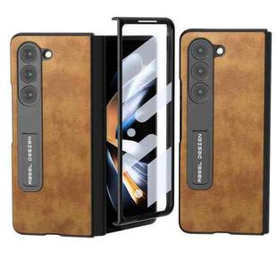 For Samsung Galaxy Z Fold5 Integrated Retro Litchi Texture PU Phone Case with Holder(Brown)