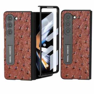 For Samsung Galaxy Z Fold5 Integrated Genuine Leather Ostrich Texture Phone Case with Holder(Coffee)