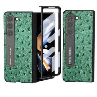 For Samsung Galaxy Z Fold5 Integrated Genuine Leather Ostrich Texture Phone Case with Holder(Green)