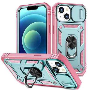 For iPhone 15 Plus Sliding Camshield Holder Phone Case(Green+Pink)