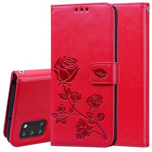 For Samsung Galaxy A31 Rose Embossed Horizontal Flip PU Leather Case with Holder & Card Slots & Wallet(Red)
