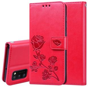 For Samsung Galaxy A41 Rose Embossed Horizontal Flip PU Leather Case with Holder & Card Slots & Wallet(Red)