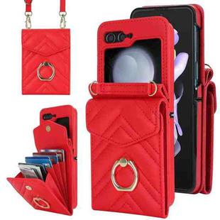 For Samsung Galaxy Z Flip5 V-shaped RFID Card Slot Phone Case with Ring Holder(Red)