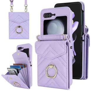 For Samsung Galaxy Z Flip5 V-shaped RFID Card Slot Phone Case with Ring Holder(Purple)