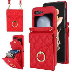 For Samsung Galaxy Z Flip5 Diamond Lattice RFID Card Slot Phone Case with Ring Holder(Red)