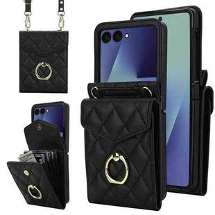 For Samsung Galaxy Z Flip7 5G Diamond Lattice RFID Card Slot Phone Case with Ring Holder(Black)