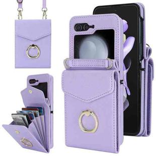 For Samsung Galaxy Z Flip5 Litchi Texture RFID Card Slot Phone Case with Ring Holder(Purple)