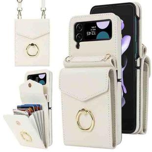 For Samsung Galaxy Z Flip4 Litchi Texture RFID Card Slot Phone Case with Ring Holder(White)