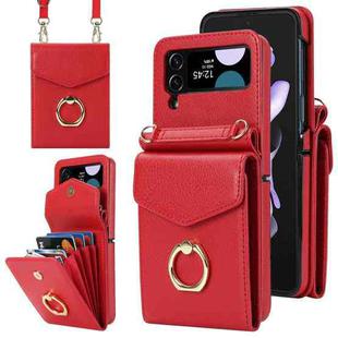For Samsung Galaxy Z Flip4 Litchi Texture RFID Card Slot Phone Case with Ring Holder(Red)