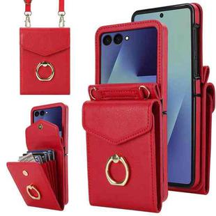 For Samsung Galaxy Z Flip7 5G Litchi Texture RFID Card Slot Phone Case with Ring Holder(Red)
